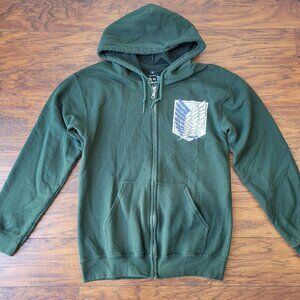 ATTACK ON TITAN Scout Regiment Shield Graphic Green Zip-Up Hoodie sz S EUC Anime